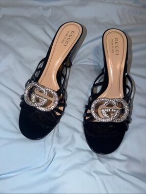 Gucci Black Patent Strappy Heels with Crystal GG Buckle